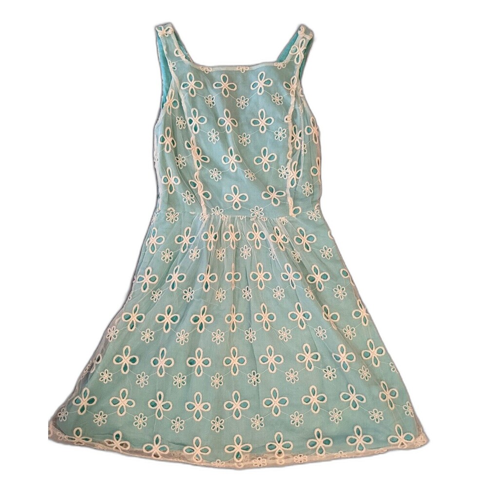 Vintage Jennifer Lopez Dress Women's size 0 Lace Eyelet Aqua Teal Cotton Nylon